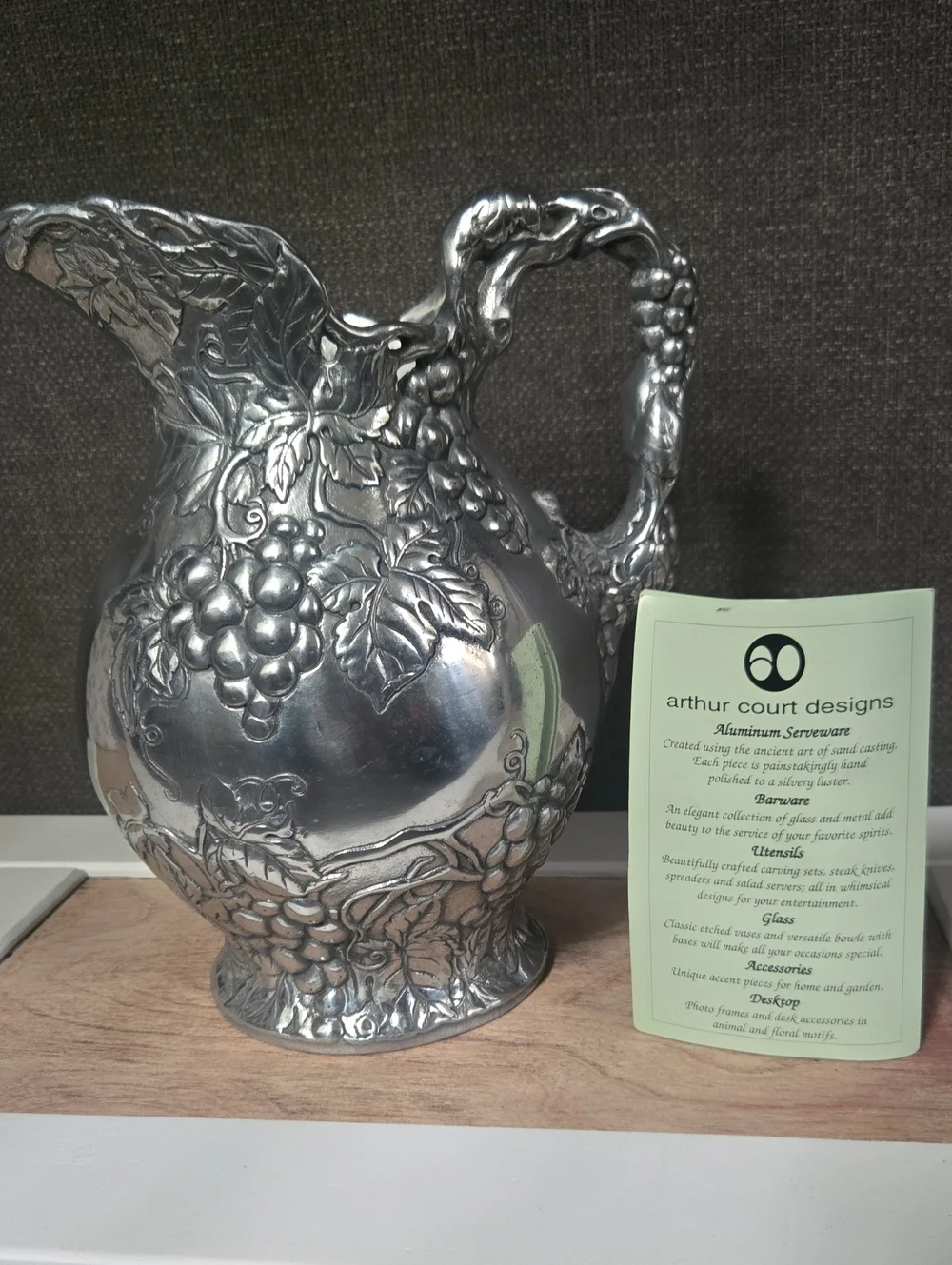 Vintage Arthur Court 1996 Grape Vine Water Pitcher Cast Aluminum 10